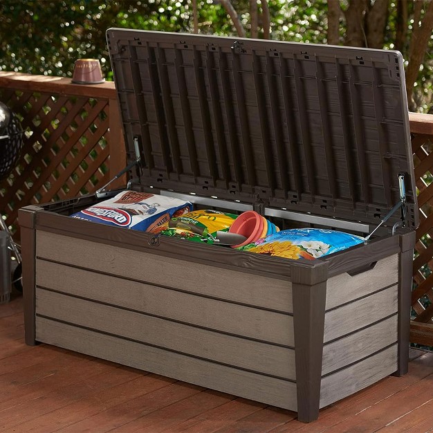 Keter Brushwood 120 Gallon Outdoor Deck Storage Box Lockable Patio And Garden Furniture Container For Yard Tools And Pool Accessories Brown