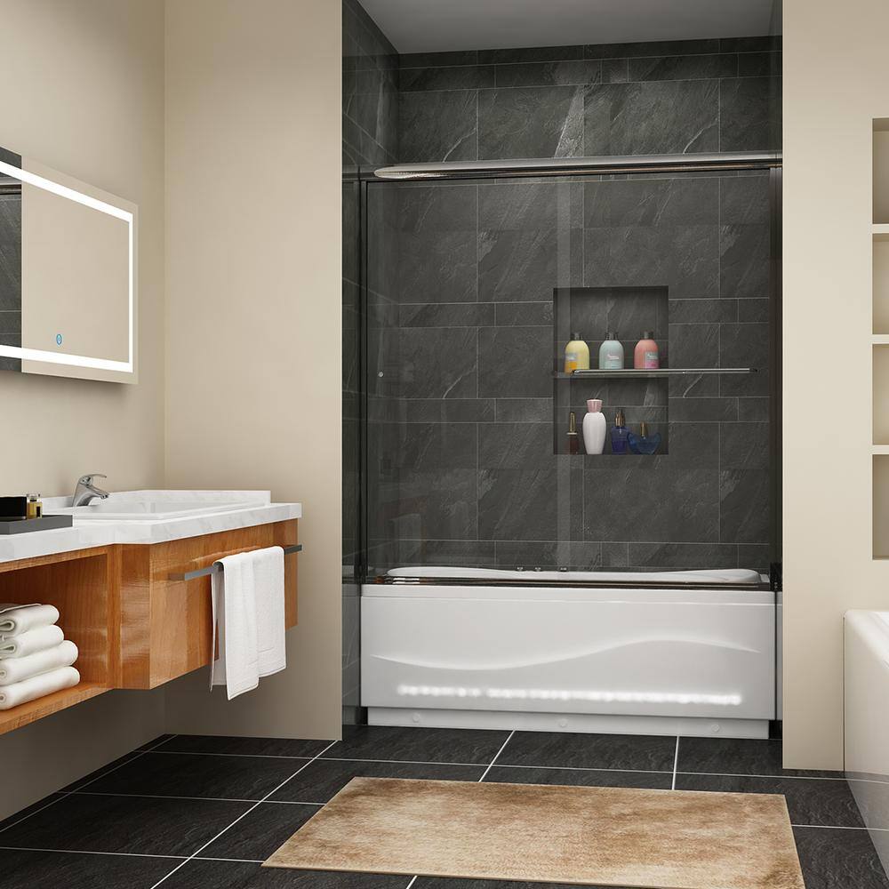 FORCLOVER 60 in. W x 62 in. H Sliding Semi Frameless Tub Door in Brushed Nickel Finish with Clear Glass SND20CG-6062BN