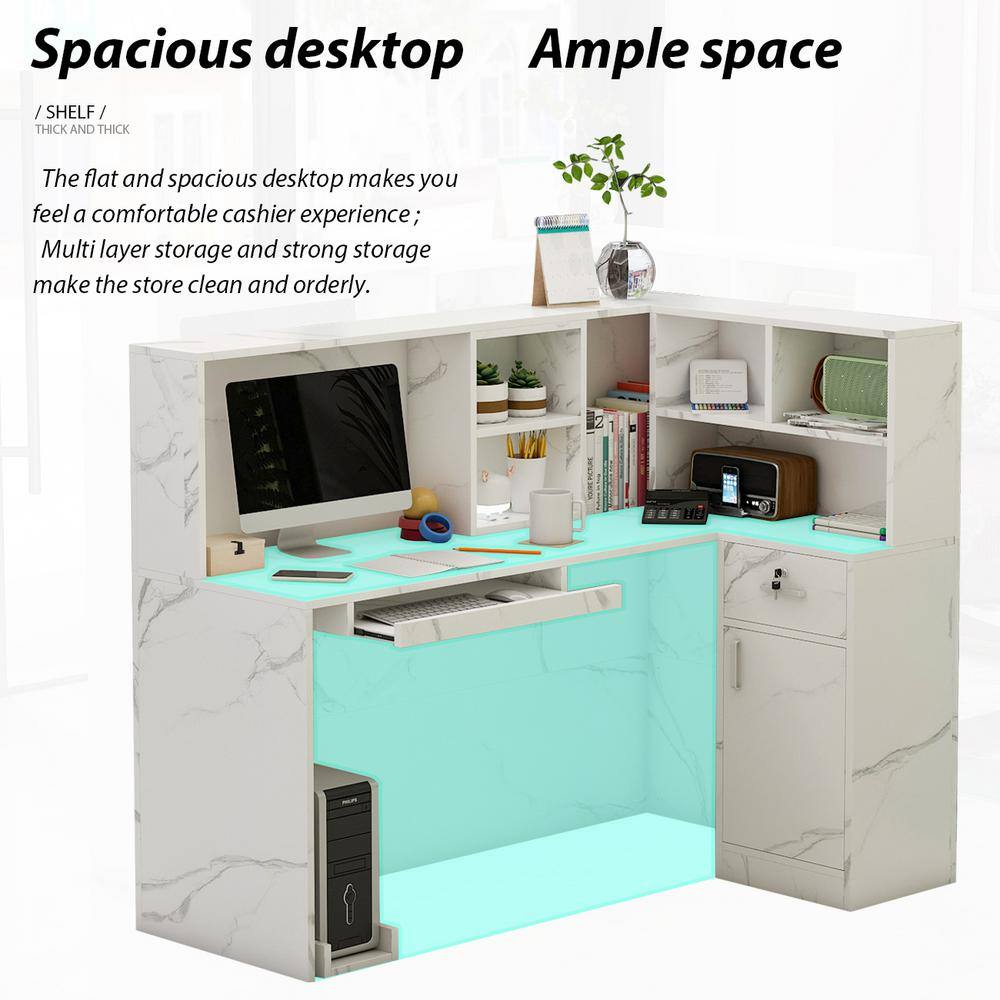 FUFUGAGA 55.9 in. L Shaped Marble Wood Reception Desk Computer Desk with Shelves and Cabinet Writing Table Workstation WFKF210088-03