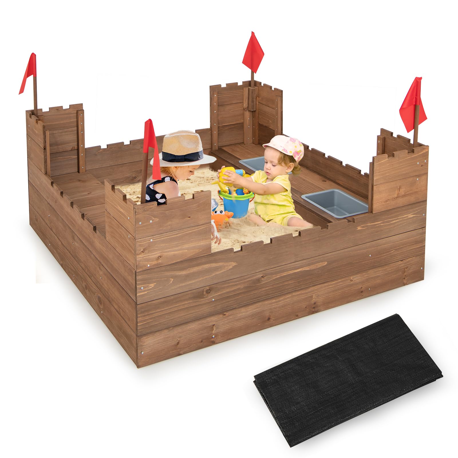 Costzon Cedar Wood Sandbox, Outdoor Sandpit w/Built-in Bench Seats