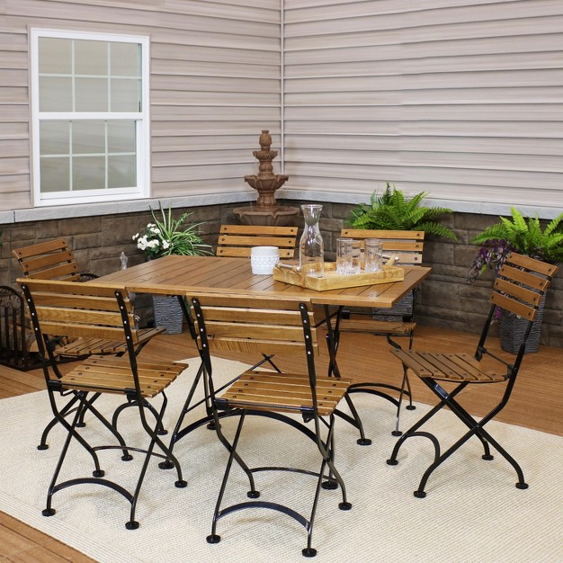 Sunnydaze Indoor outdoor Essential Chestnut Wood Folding Patio Table And Chairs Set Brown 7pc