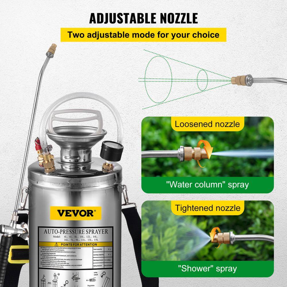 VEVOR 1.5 Gal. Stainless Steel Sprayer Garden Sprayer with Pressure Gauge Safety Valve Adjustable Nozzle for Sanitizing PWQBXG6L000000001V0