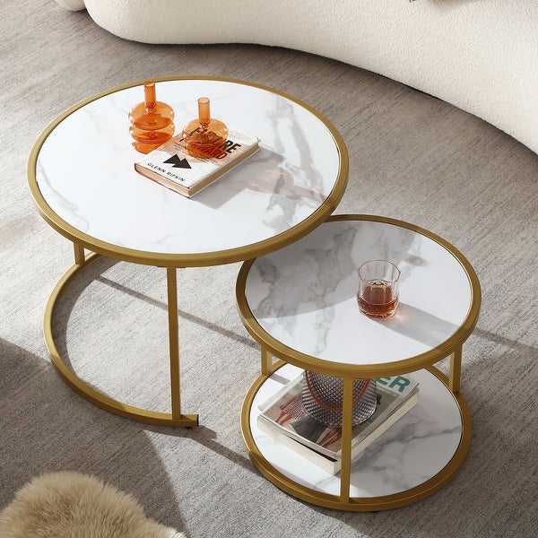 Marble Pattern MDF Top with Metal Frame Nesting Coffee Table Set Of 2， Elegant and Beautiful， Nesting Tables