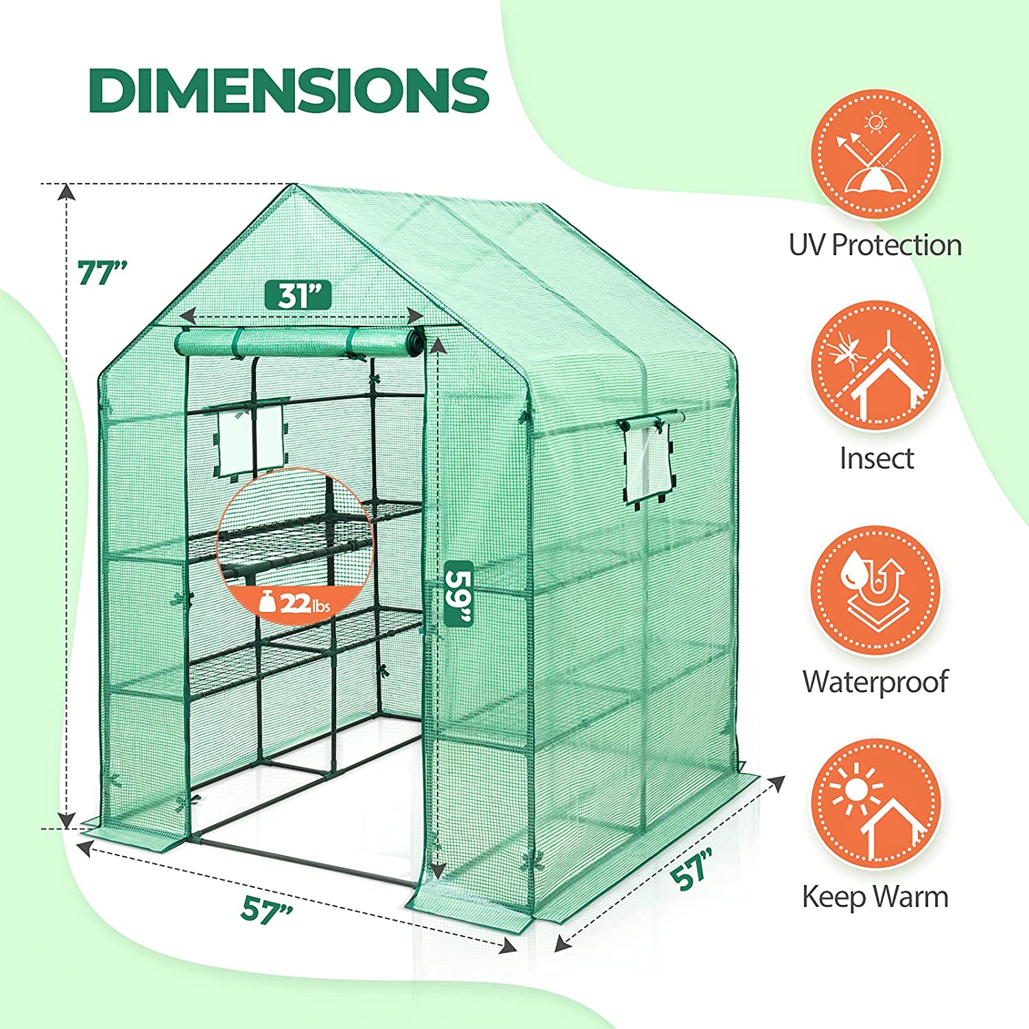 EAGLE PEAK Walk-in Greenhouse 2 Tiers 8 Shelves with Roll-up Zipper Door and 2 Side Mesh Windows, Outdoor Indoor Portable Gardening Plant House 56'' x 56'' x 77'' , Green