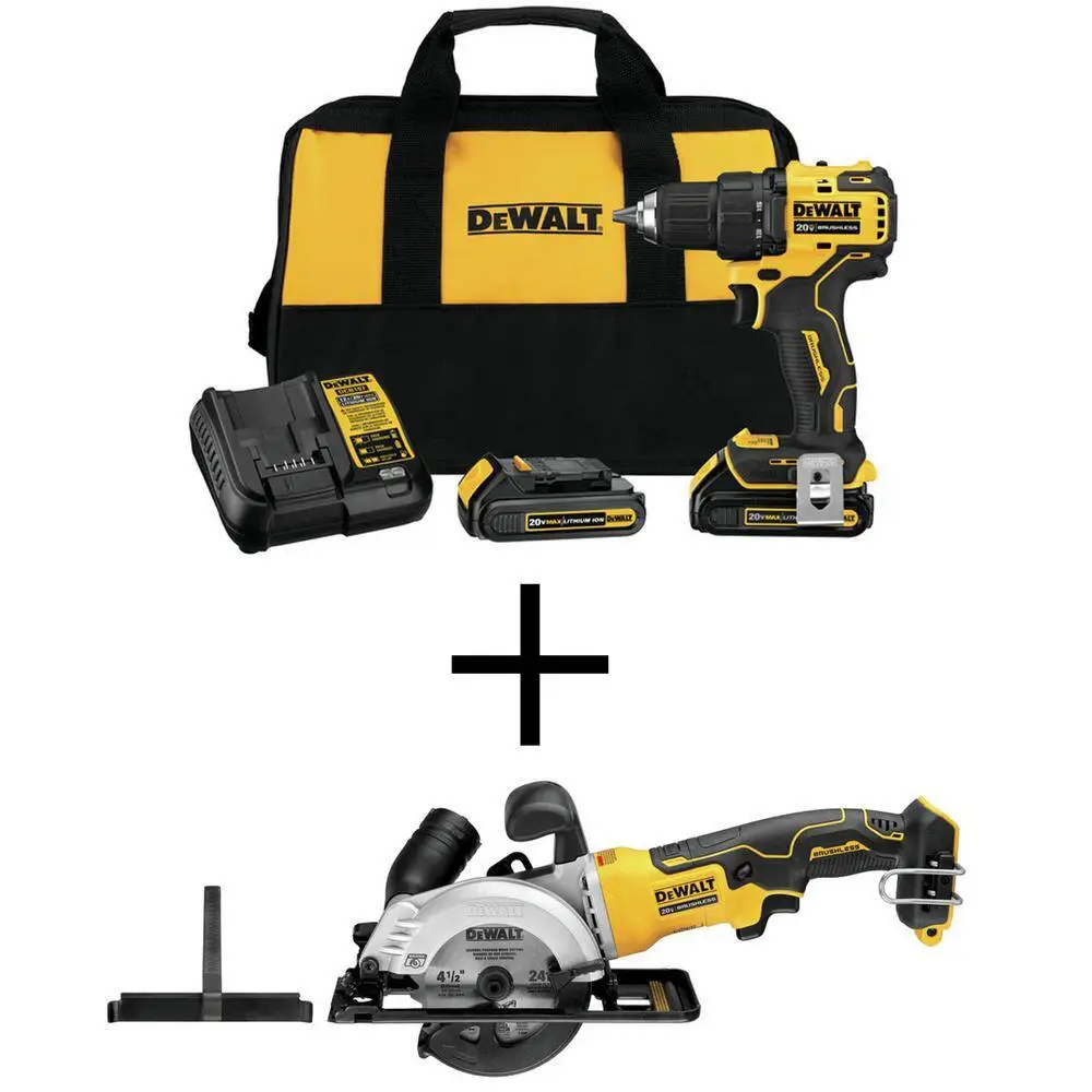 DW ATOMIC 20V MAX Cordless Brushless Compact 12 in. DrillDriver 4-12 in. Circular Saw and (2) 20V 1.3Ah Batteries DCD708C2W571B