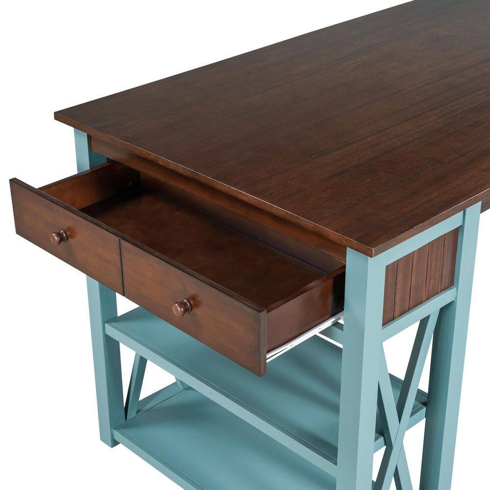 Harper  Bright Designs Rustic 4-Piece Rectangle Walnut and Blue Acacia MDF Top Table Set With 2-tools and Bench DT135AAD