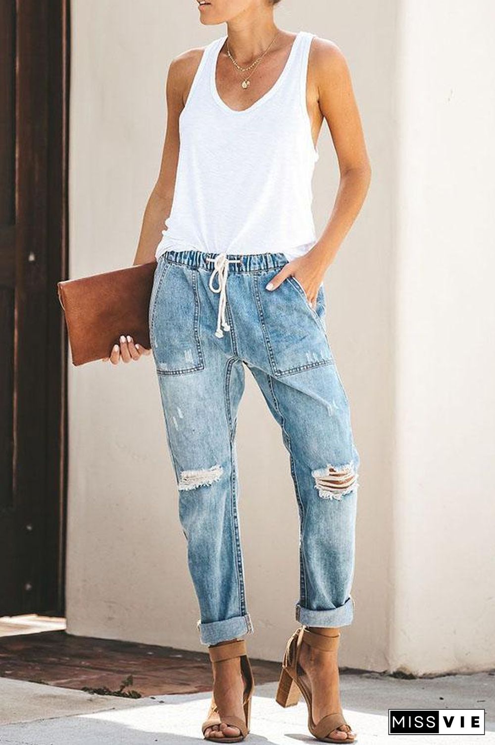 Loose Drawstring Blue Jeans