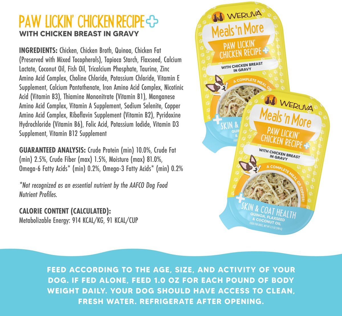 Weruva Classic Dog Meals 'n More Paw Lickin’ Chicken Recipe Plus Wet Dog Food， 3.5-oz cup， case of 12