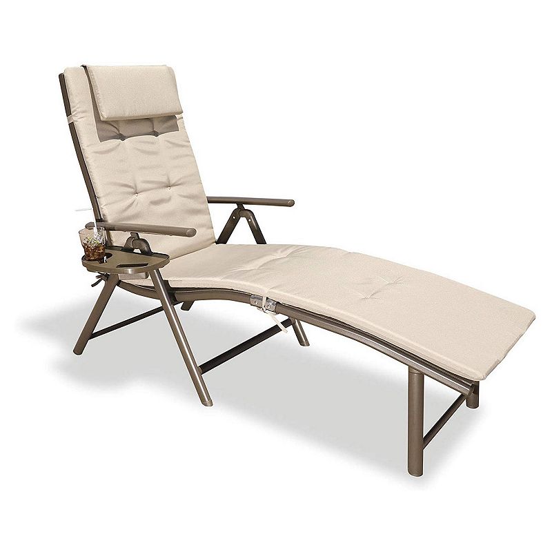 GOLDSUN Outdoor Folding Reclining Chaise Lounge Chair with Cup Holder， Beige