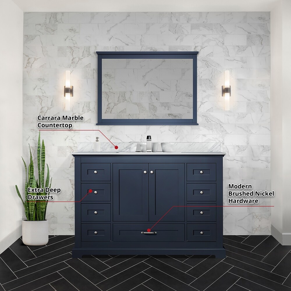 Dukes 48 in. W x 22 in. D Navy Blue Single Bath Vanity  Carrara Marble Top  Faucet Set  and 46 in. Mirror