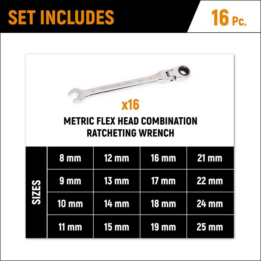 GEARWRENCH Metric 90-Tooth Flex Head Combination Ratcheting Wrench Tool Set (16-Piece) 86728