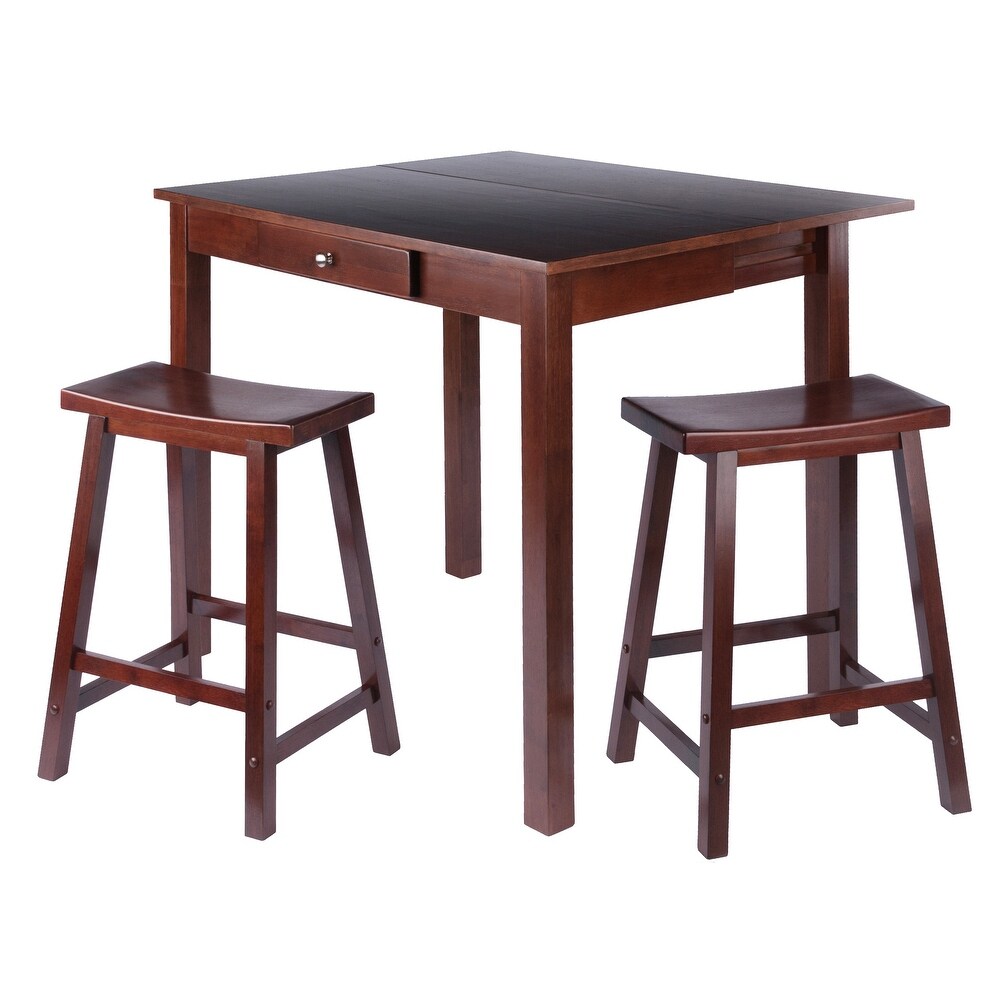 3 Pc High Drop Leaf Table with Saddle Seat Counter Stools  Walnut