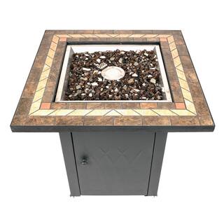 Pleasant Hearth Atlantis 28 in. x 26 in. Square Steel Propane Gas Fire Pit Table in Black with Glass Fire Rocks OFG824T