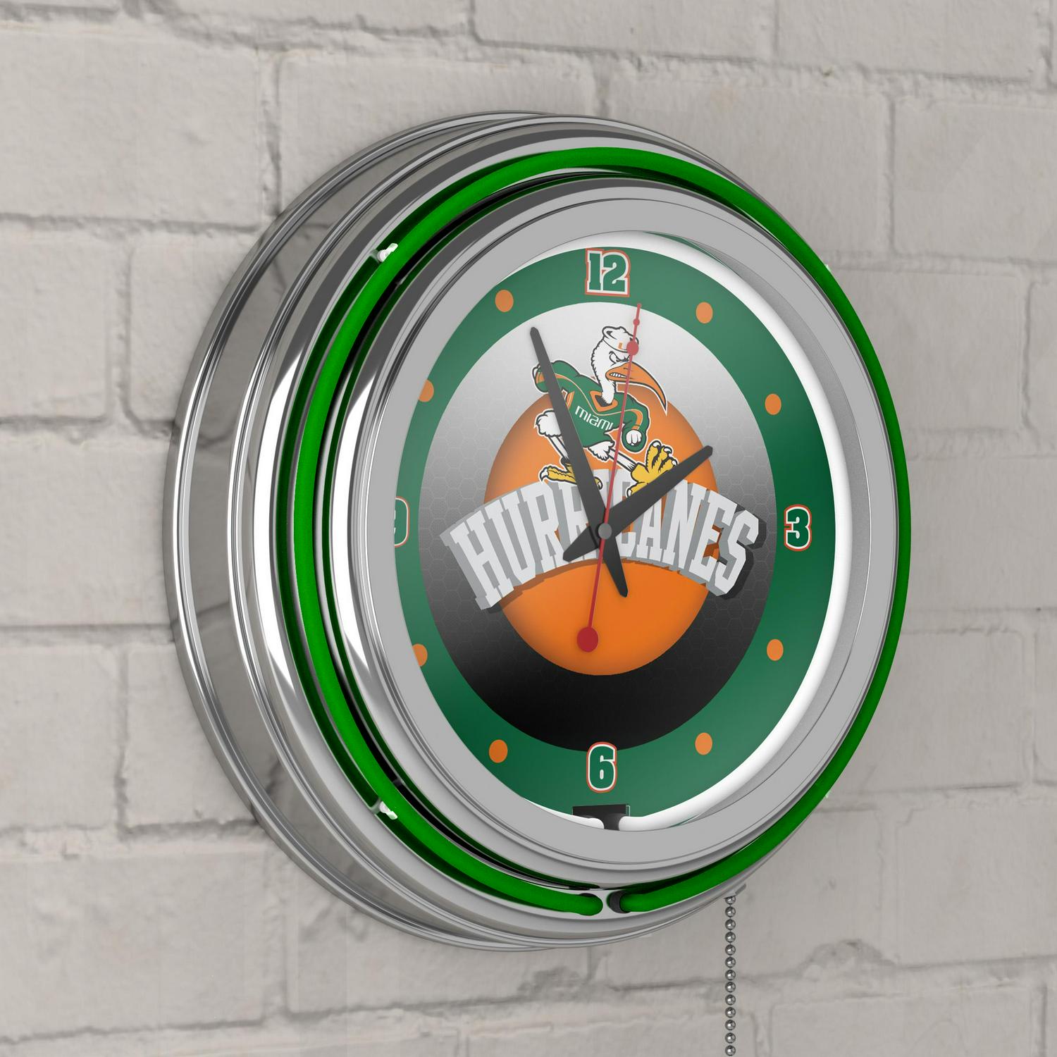 University of Miami Chrome Double Rung Neon Clock  Honeycomb