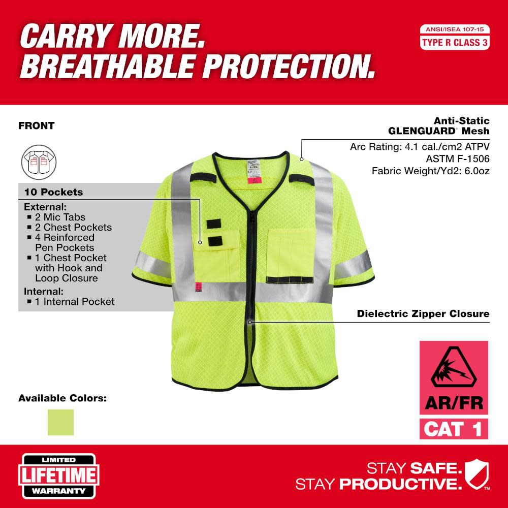 MW High Vis Safety Vest Yellow Class 3 Mesh AR/FR Cat 1 S/M 48-73-5221M910 from MW