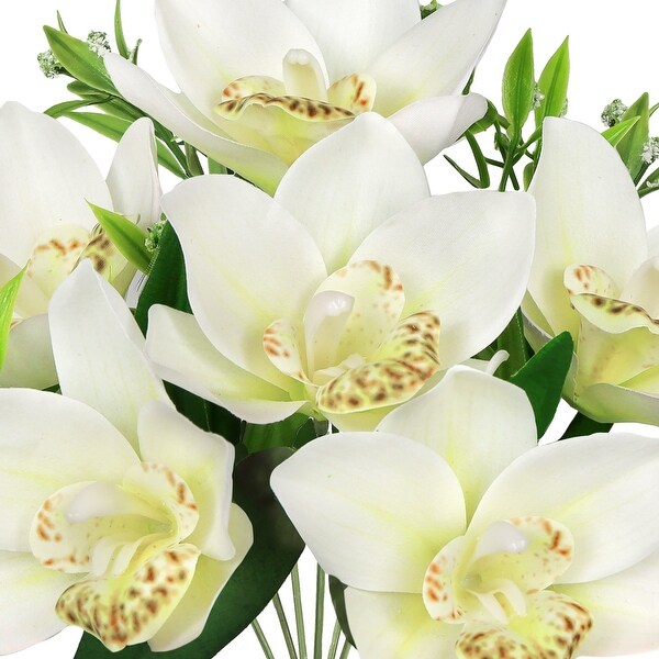 Set of 4 Cream Artificial Cymbidium Orchid Flower Stem Bush Bouquet 13in