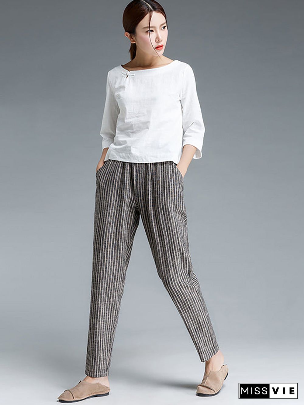 Plus Size Buykud Stripe Cotton Linen Women Pants