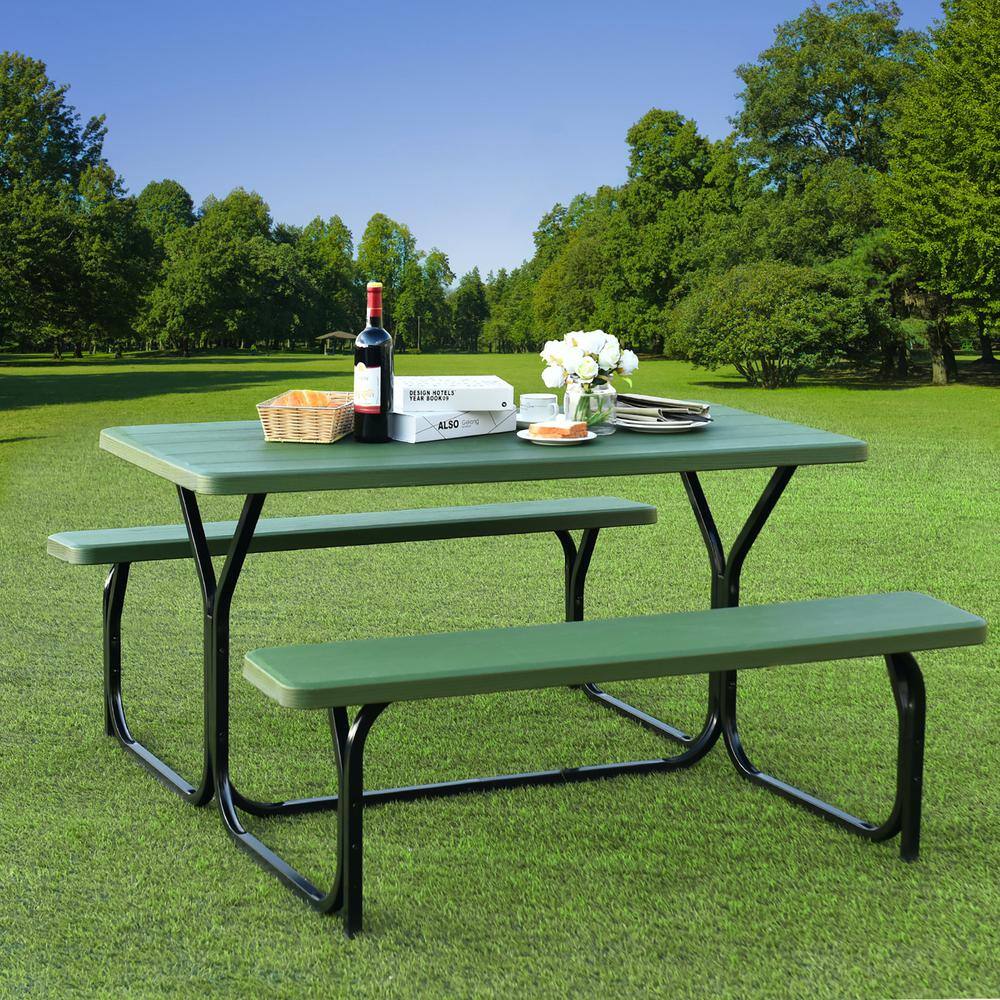 Afoxsos 54 in. W x 59 in. D x 28 in. H Green All Weather Steel Frame Outdoor Camping Picnic Table Bench Set HDPE Surface HDDB1789