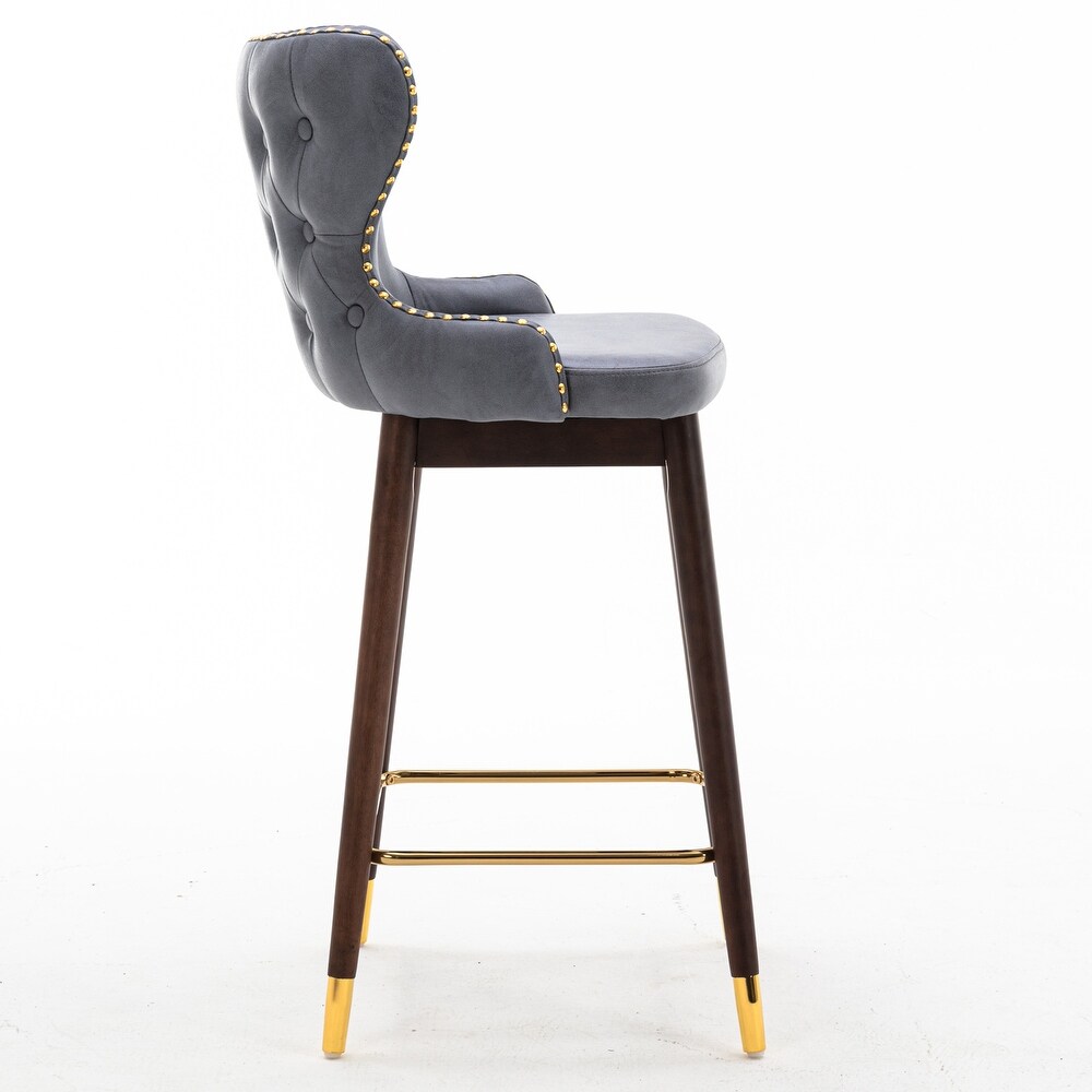 Modern Leather Fabric Bar Stool with Gold Nailheads   Solid Wood Legs  Set of 2