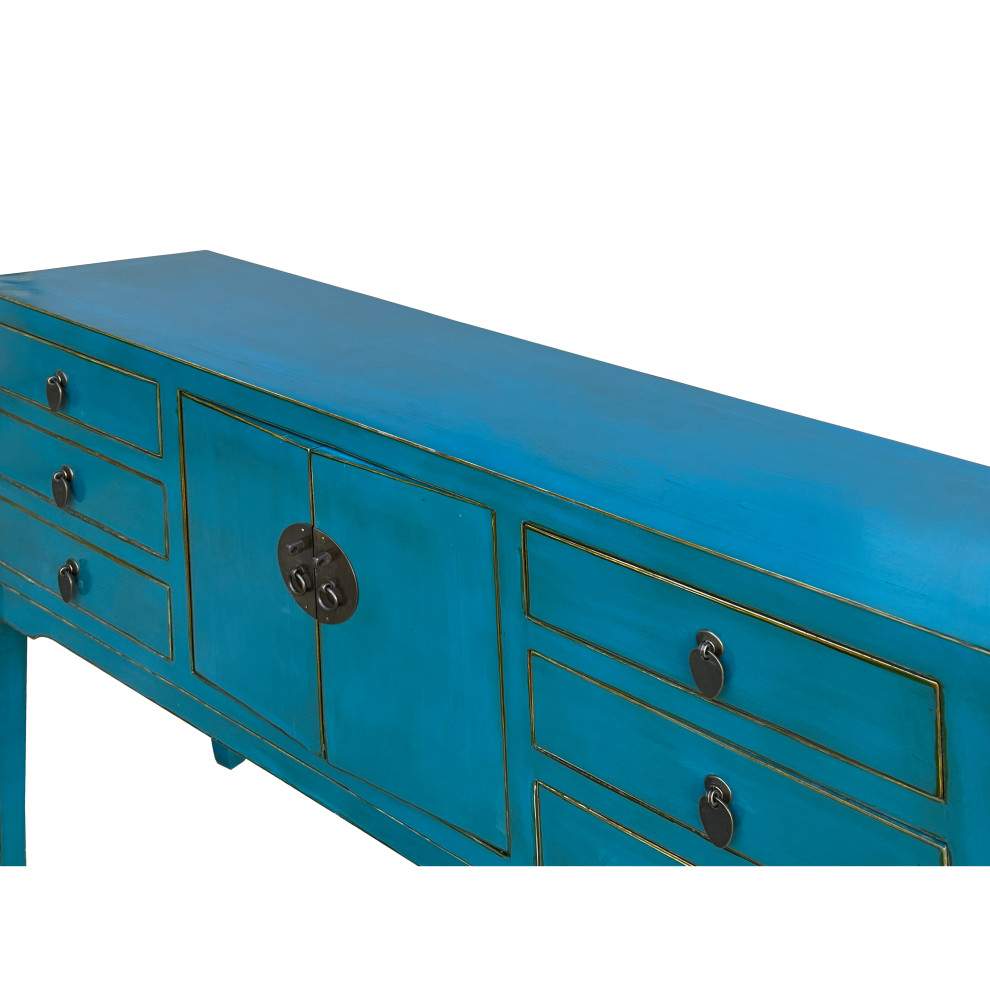 Distress Bright Blue Lacquer Tall Moon Face 6 Drawers Slim Foyer Table Hcs7566   Asian   Console Tables   by Golden Lotus Antiques  Houzz