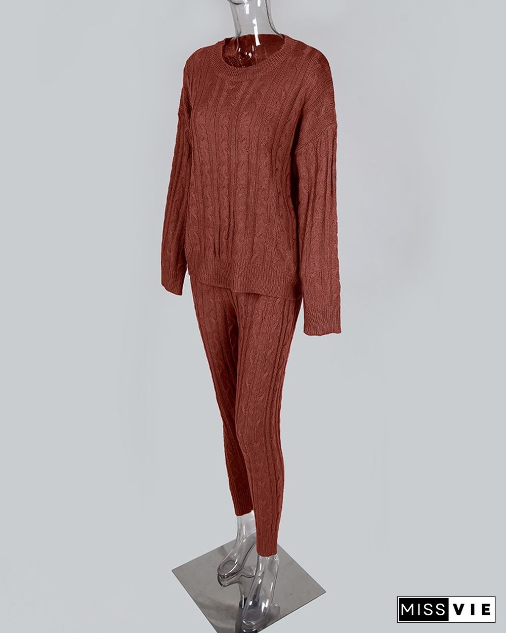 Solid Ribbed Knitting Casual Sweater & Pants Sets