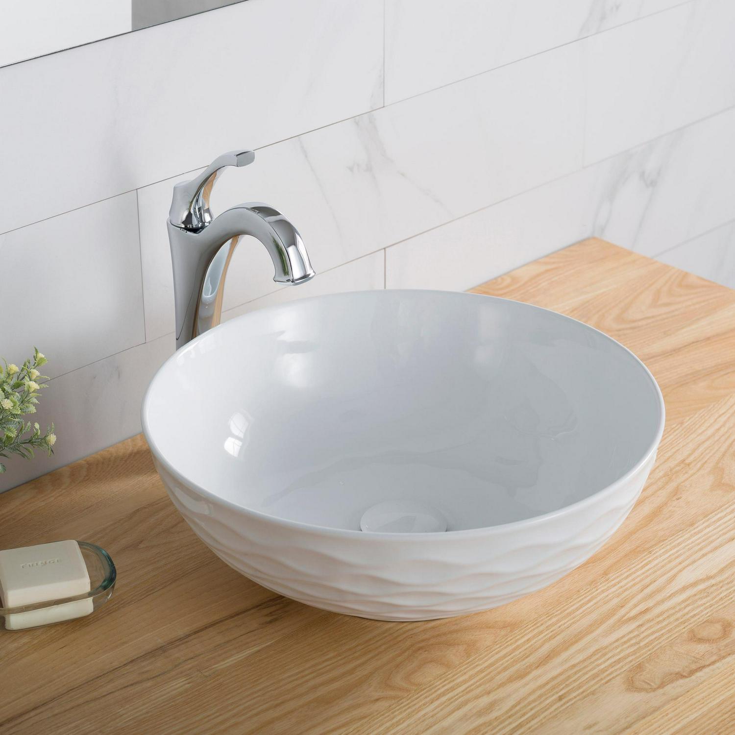 KRAUS Viva Round White Porcelain Ceramic Vessel Bathroom Sink with Pop-Up Drain， 16 1/2 in. D x 5 1/2 in. H