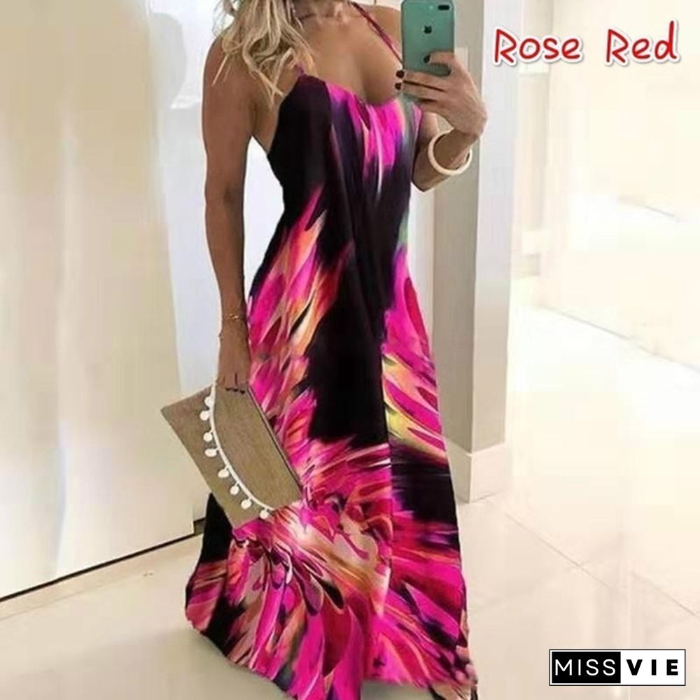 Summer Dress Fashion Clothes Women's Casual Off Shoulder Sleeveless Dress String Strap Halter Party Dress Ladies Deep V-neck Floral Printed Beach Wear Plus Size Maxi Dress XS-8XL