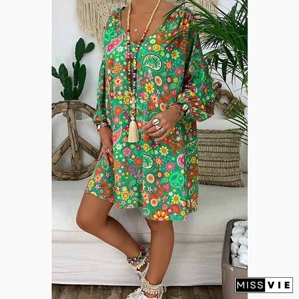 Short Sleeve Printed V Neck Loose Dress