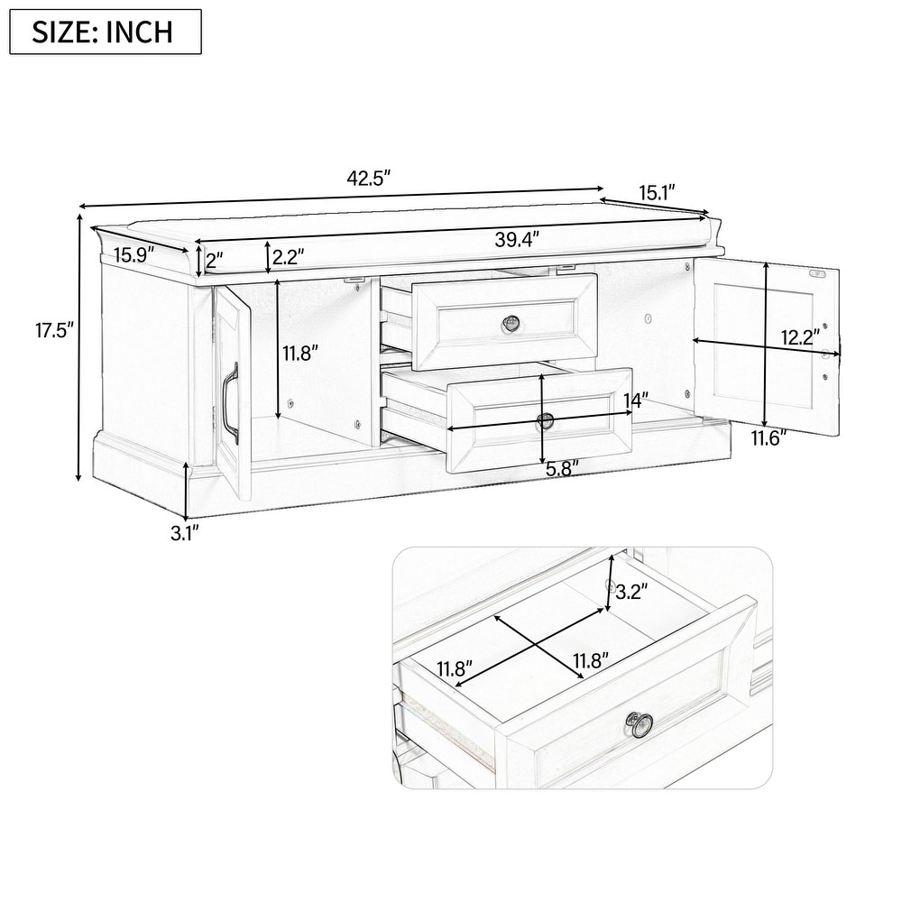 Storage Bench Shoe Bench w/2 Drawers 2 Cabinets  Cushion Living Room