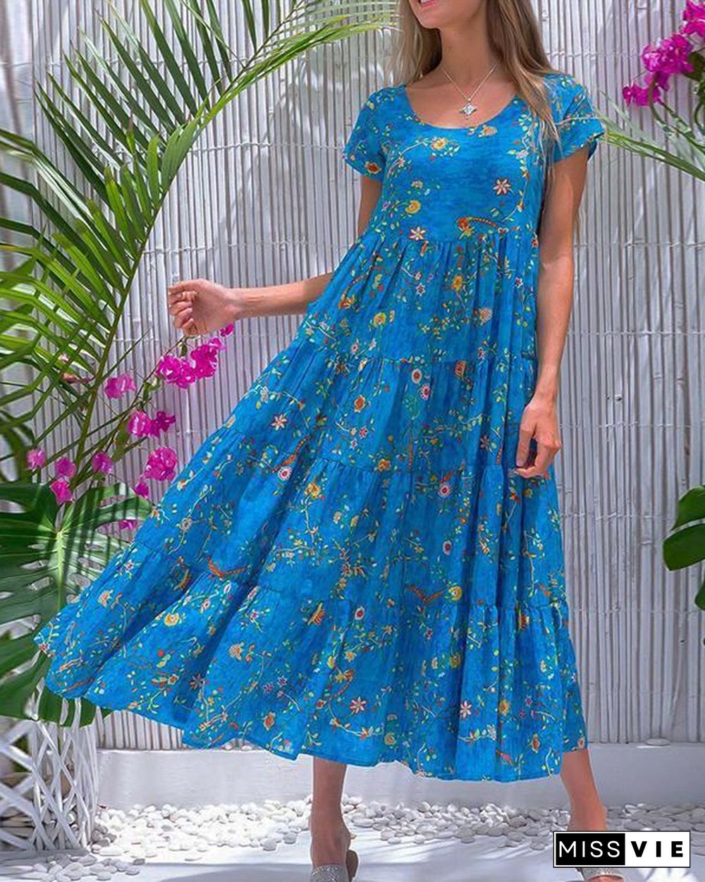 Casual Floral Tunic Round Neckline A-line Dress