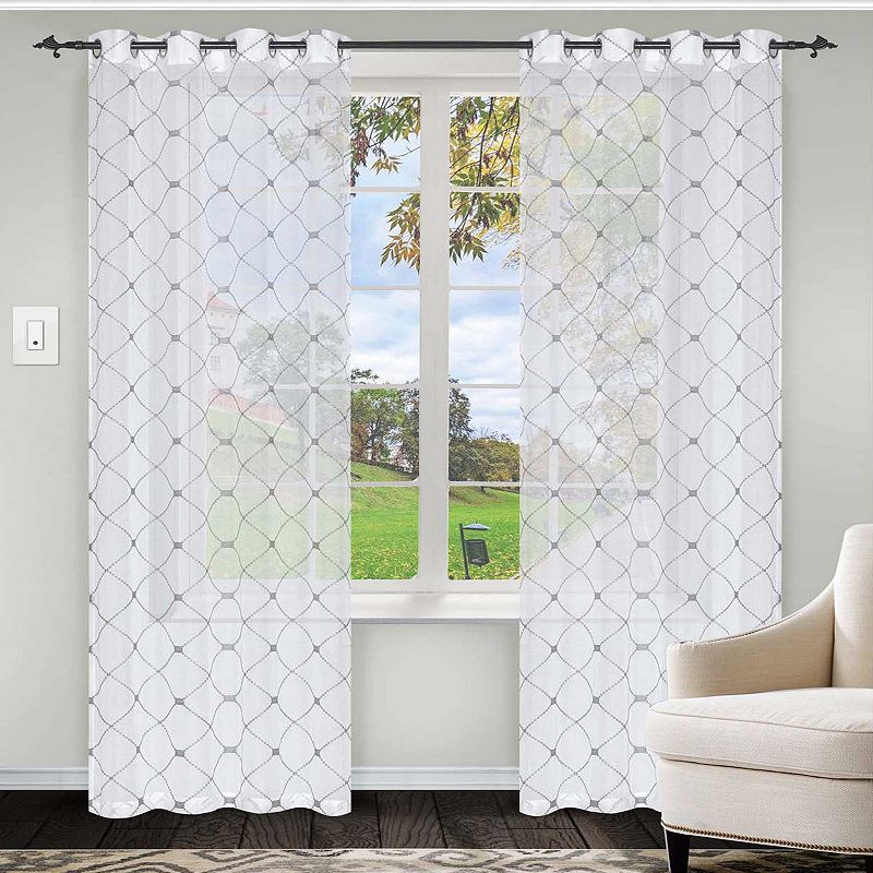 Superior Elegant Diamond Sheer Pair of 2 Grommet Window Curtain Panels