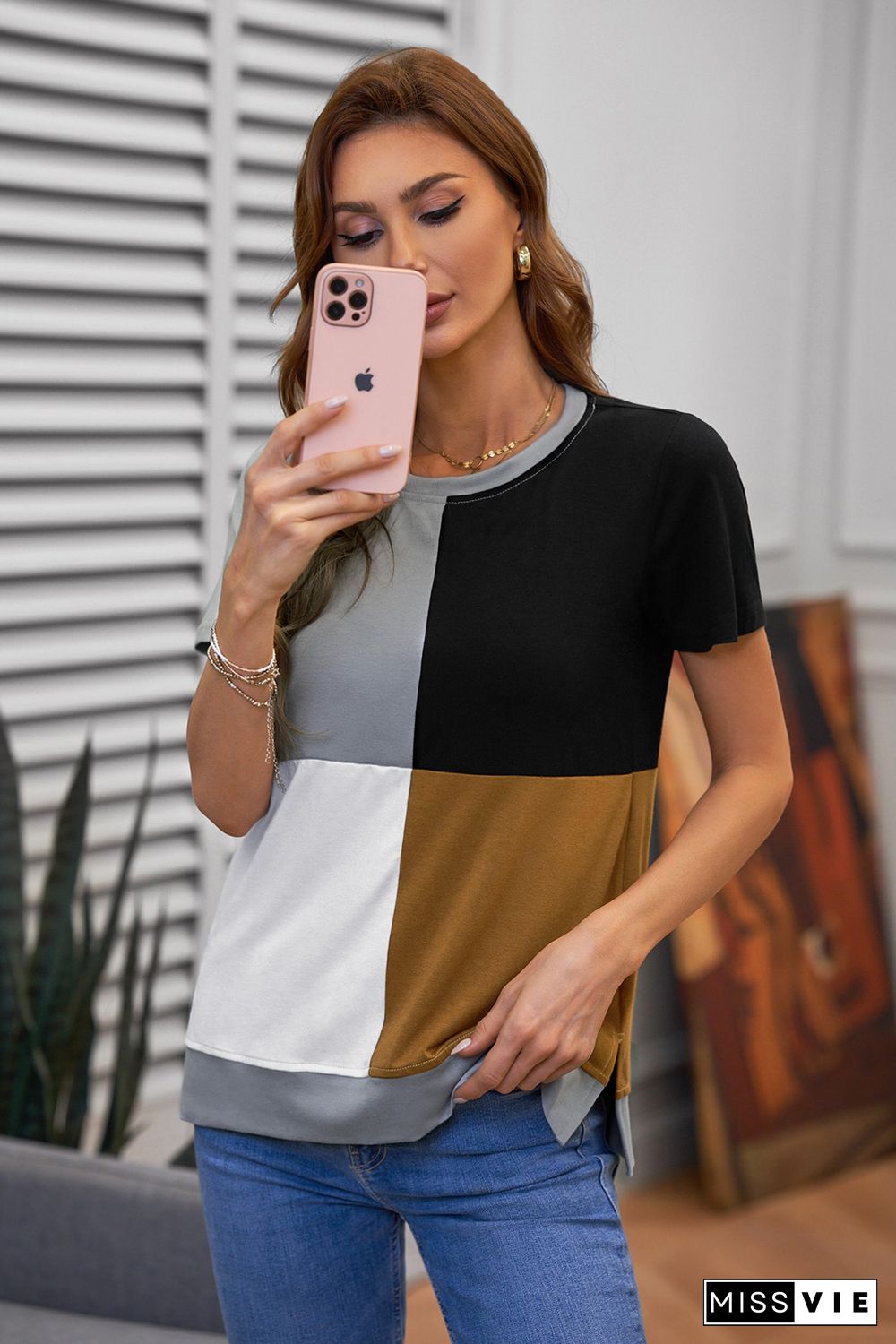 Brown Colorblock T-shirt with Slits