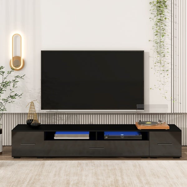 82''W Extended Minimalist RGB LED Lights TV Stand Modern Universal Entertainment Center High Gloss TV Cabinet for 90+ inch TV