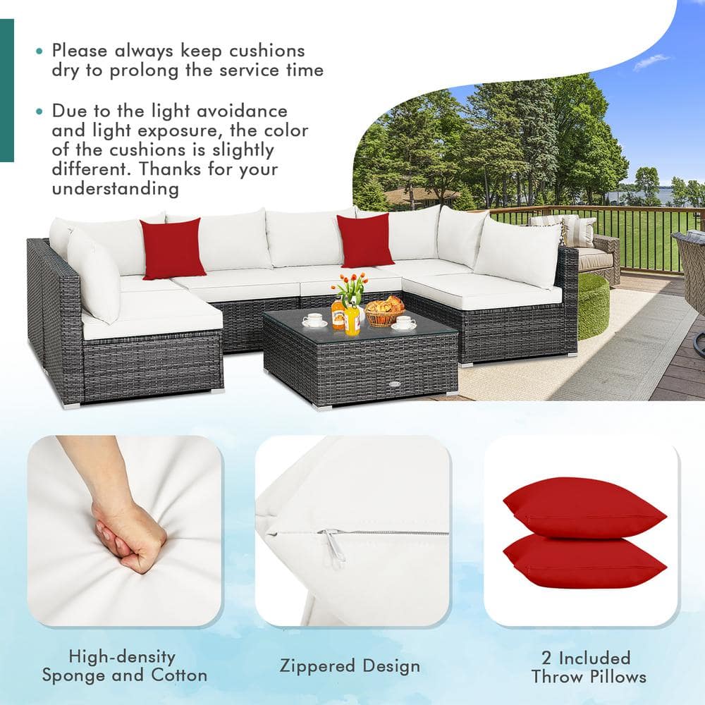 Costway 7-Piece Patio Rattan Furniture Set Sectional Sofa Cushioned Off White HW70439WH+