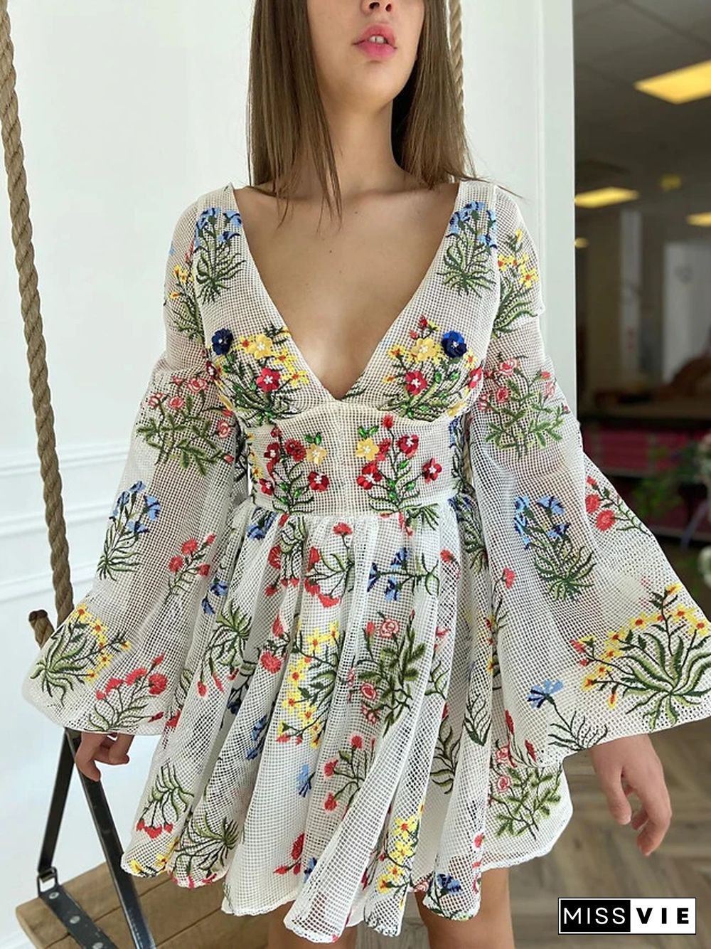 Women's A Line Dress Short Mini Dress Long Sleeve Floral Embroidered Fall Spring Elegant Vintage Lantern Sleeve Mesh White S M L XL