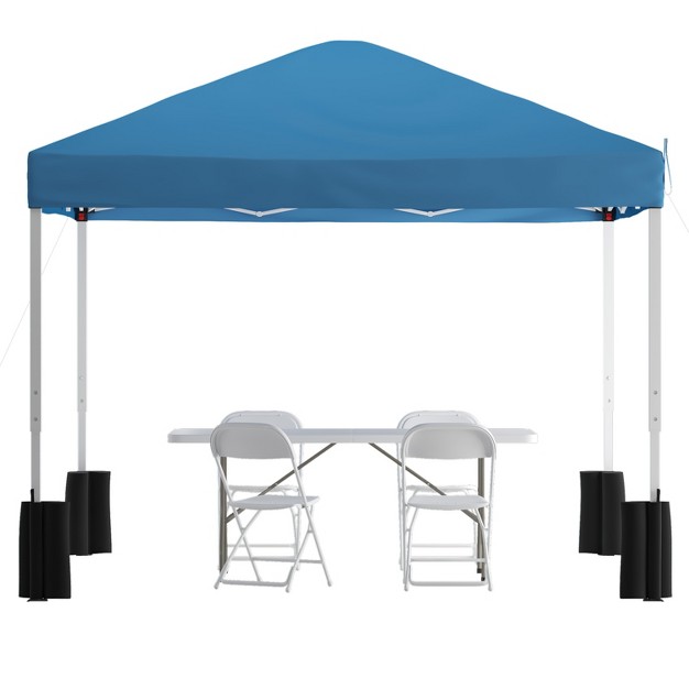 Emma And Oliver Outdoor Event tailgate Set With Pop Up Event Canopy With Wheeled Case Bi fold Table And 4 Folding Chairs