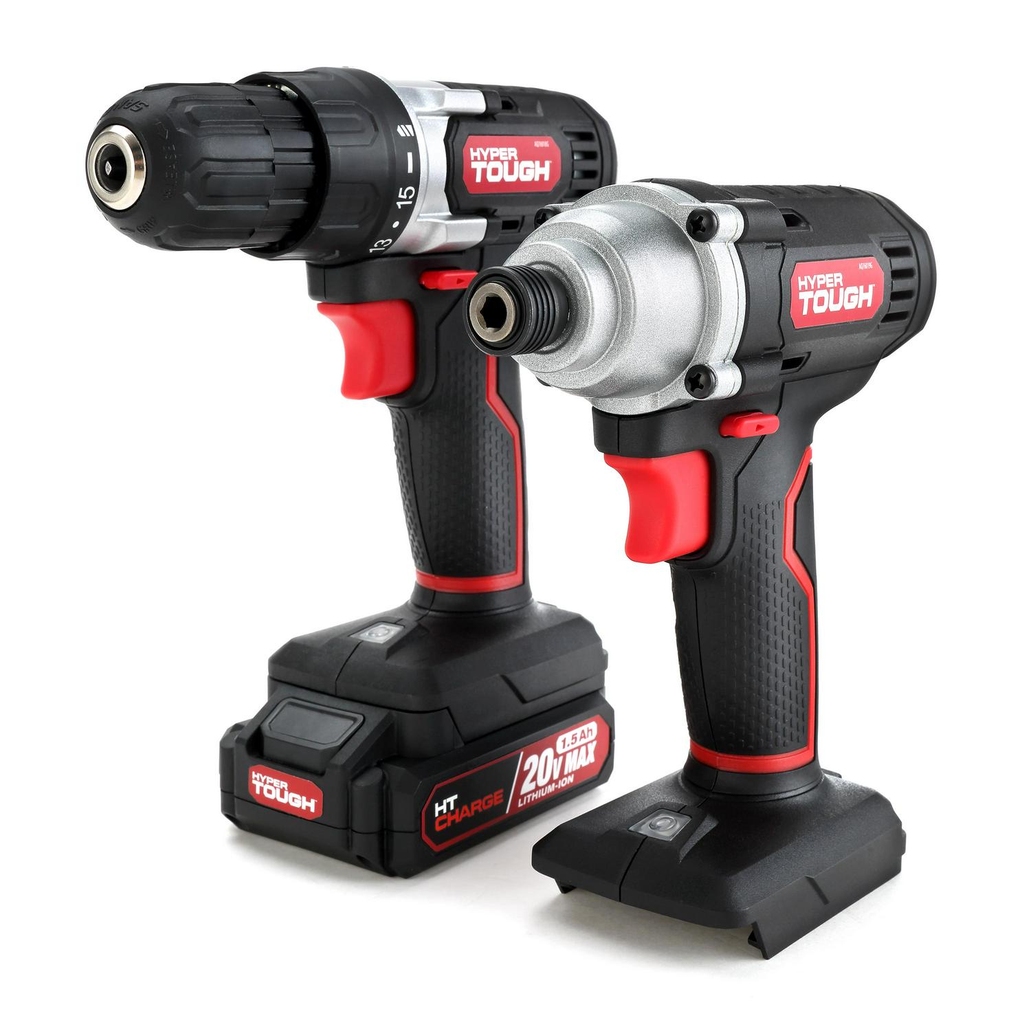 Hyper Tough 20V Max (2-Tool Set) 3/8 inch Cordless Drill and 1/4 inch Impact Driver Combo Kit with 1.5Ah Lithium-ion Battery， Charger， Bit Holders and LED Lights