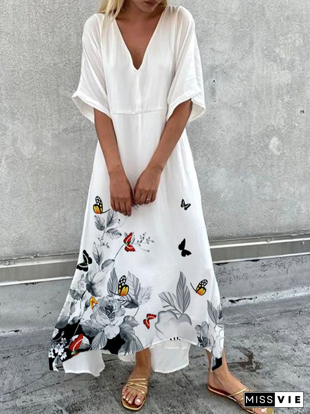 New Summer Ladies Short Sleeve V Neck Irregular Long Dress Casual Loose Commuter Office Dress Women Fashion Printed Dresses