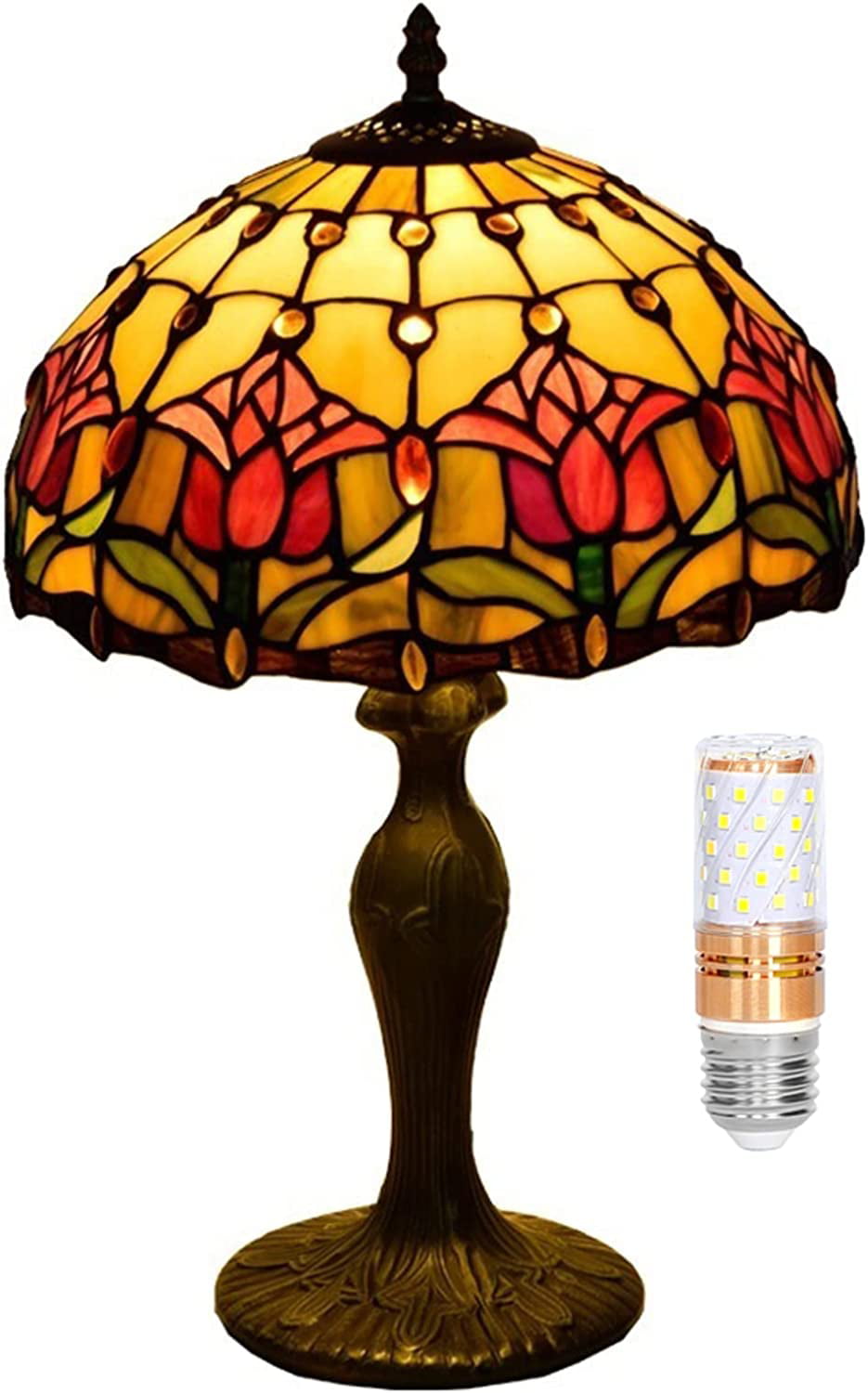 SHADY Tiffany Lamp Stained Glass Lamp Red Tulip Bedroom Table Lamp Reading Desk Light for Bedside Living Room Office Dormitory Dining Room Decorate  12x12x18 Include Light Bulb