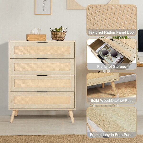 4 Drawers Chest Of Dresser Rattan Storage Tower Bedside Cabinet Bedroom Organizer - - 37258990