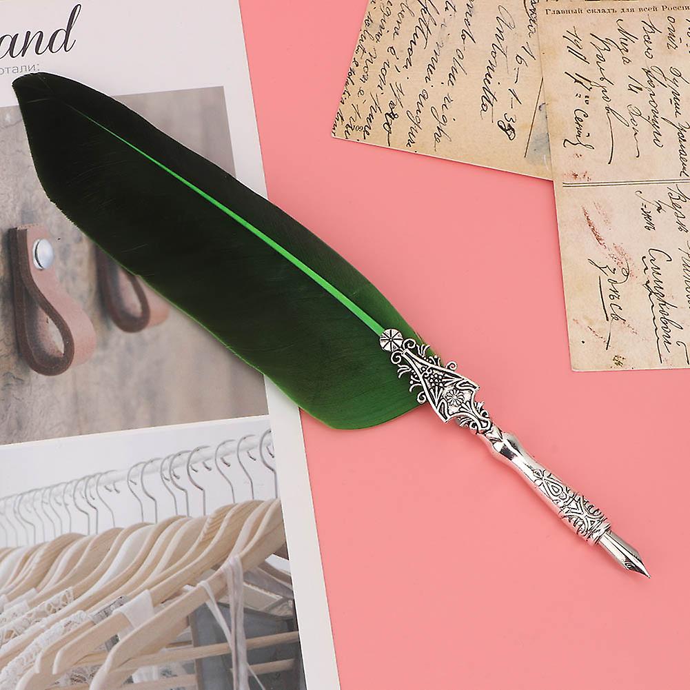 Vintage Retro Feather Dip Pen Alloy Nibs Calligraphy Writing Pen Gift With Box(green)