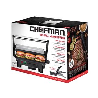 Chefman 8 in. Black Electric Panini Press Grill and Gourmet Sandwich Maker with Non-Stick Coated Plates Opens 180 Degrees RJ02-180-R