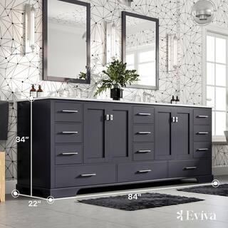 Eviva Storehouse 84 in. W x 22 in. D x 34 in. H Bathroom Vanity in Dark Gray with White Carrara Marble Top with White Sink EVVN416-84DGR