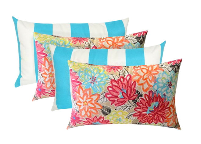 Set of 4 - Indoor/Outdoor Decorative Rectangle Lumbar Throw/Toss Pillows - Yellow, Orange, Blue, Pink Bright Artistic Floral & Cancun and White Stripe