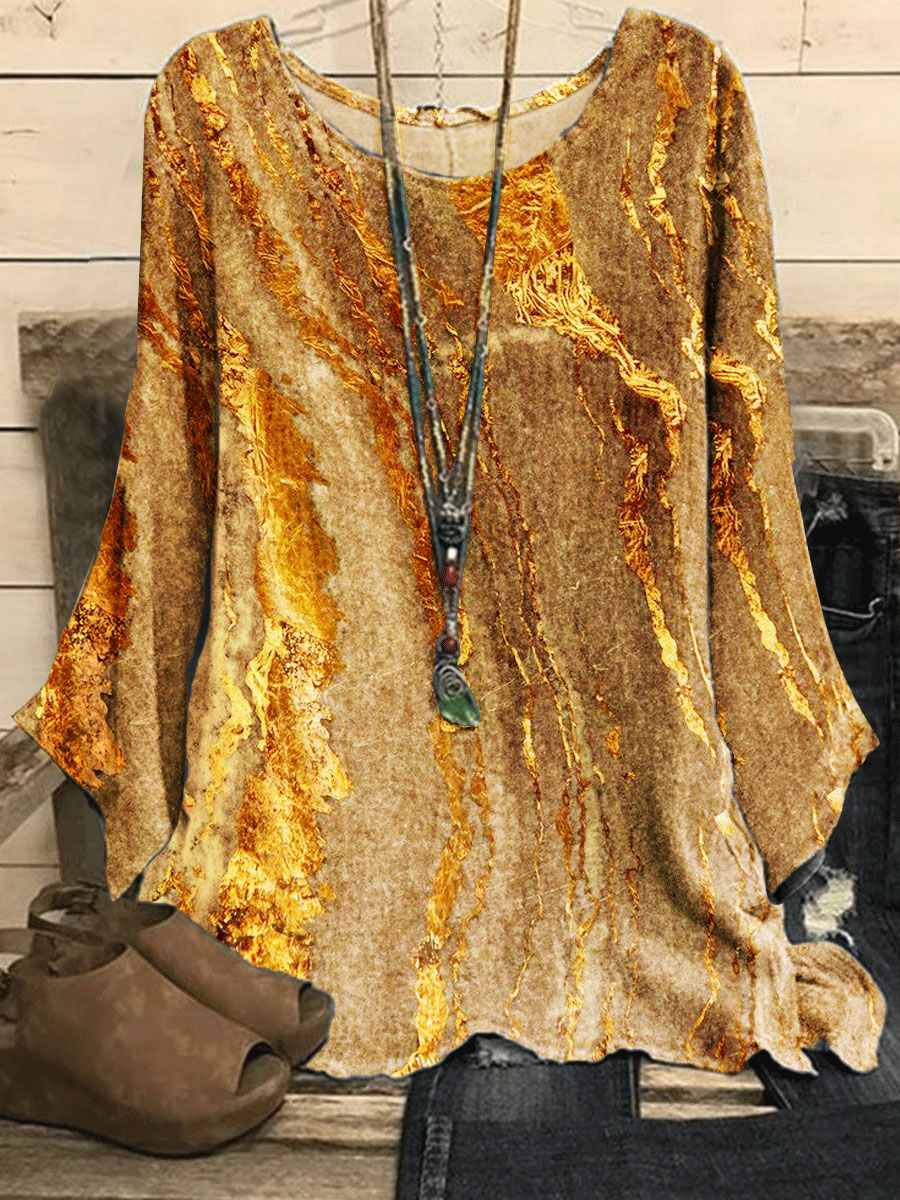 Round Neck Casual Loose Bronze Marble Print Long Sleeve Blouse