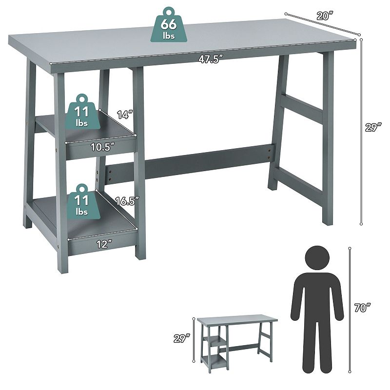 Wooden Trestle Computer Desk With 2-tier Removable Shelves