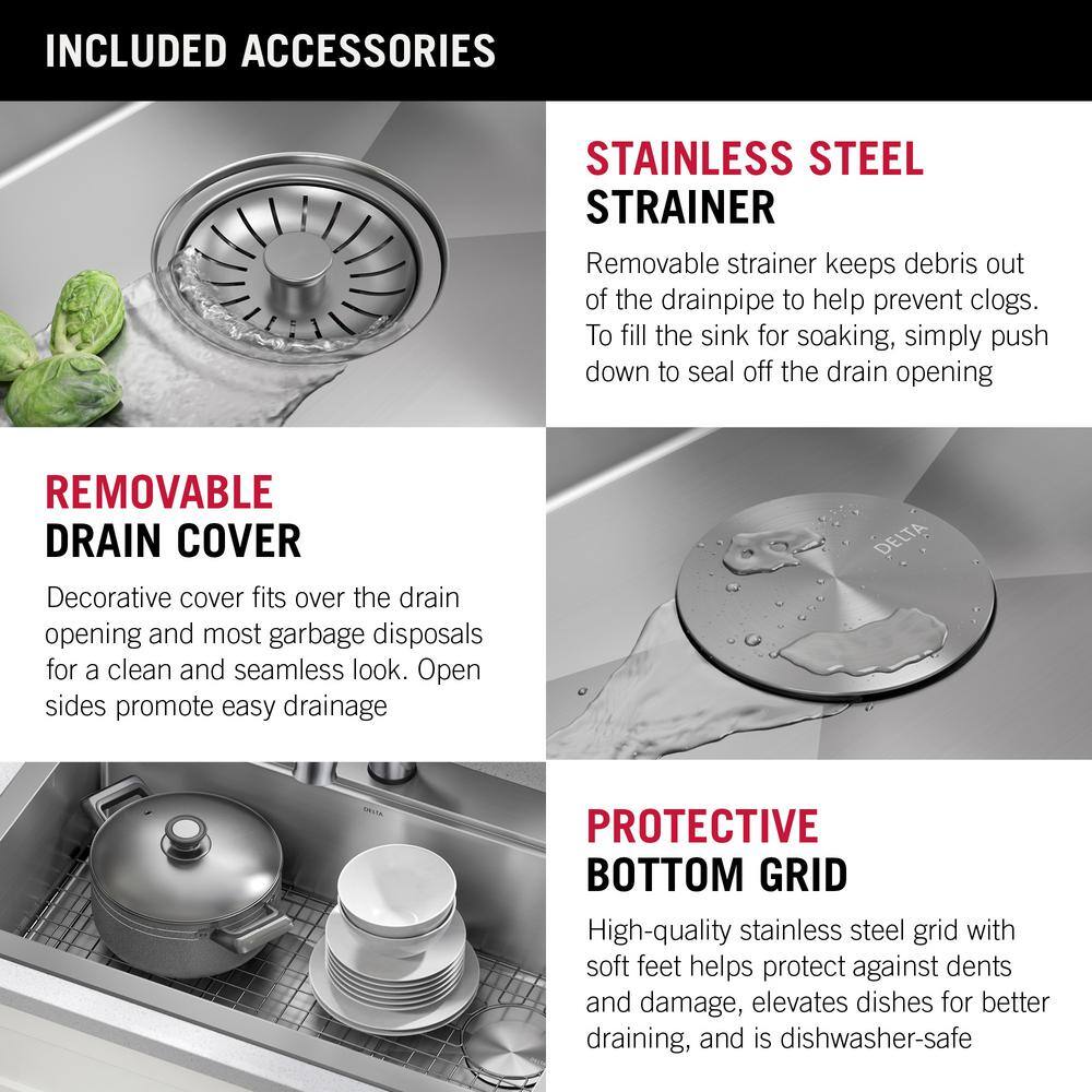 Delta Lorelai 16 Gauge Stainless Steel 33in. Single Bowl Drop-in Workstation Kitchen Sink with Accessories 95A932-33S-SS