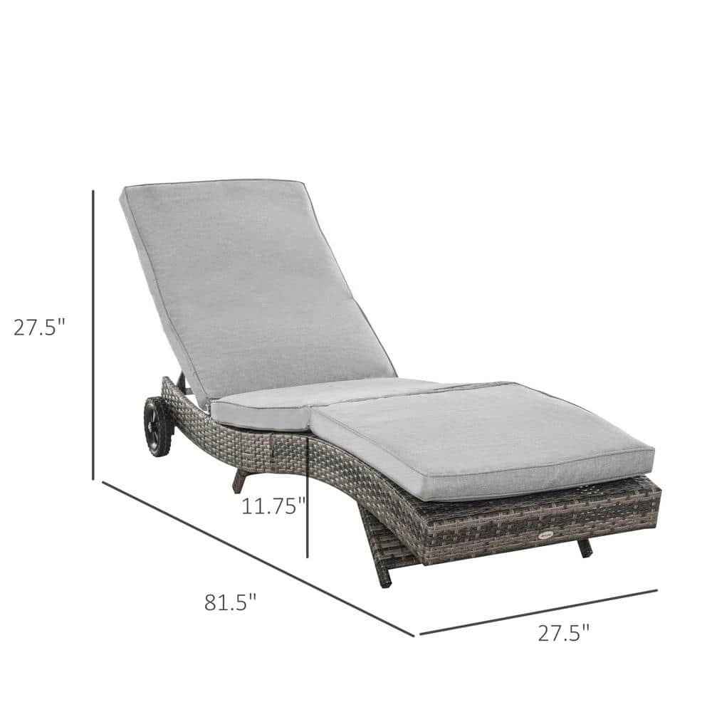 Outsunny Grey Metal Plastic Rattan Outdoor Chaise Lounge Chair with Grey Cushions, 2 Wheels and 5 Backrest Angles 862-030