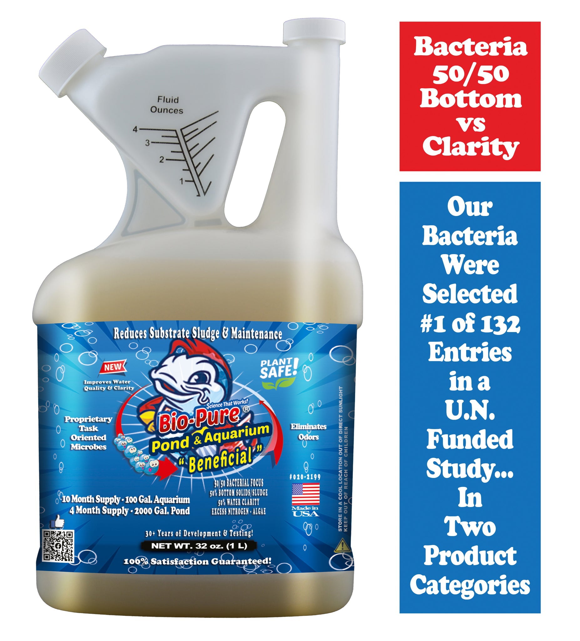 Bio Pure Pond and Aquarium BENEFICIAL treats up to 28，000. gal. Our Bacteria Digest Organic Waste Improve Fish Plant Health. Better Water Clarity Quality Reduced Water Changes Extends Water Pump Life