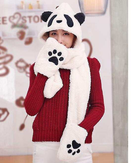 Winter Panda Hat Scarf Glove Set For Women，warm Women Siamese Hoodie